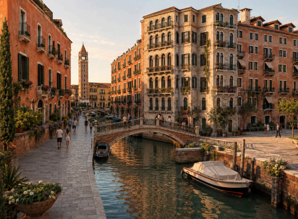 Italian village-inspired rendering of The Marco development in Prosper with canal, bridge, and historic-style buildings