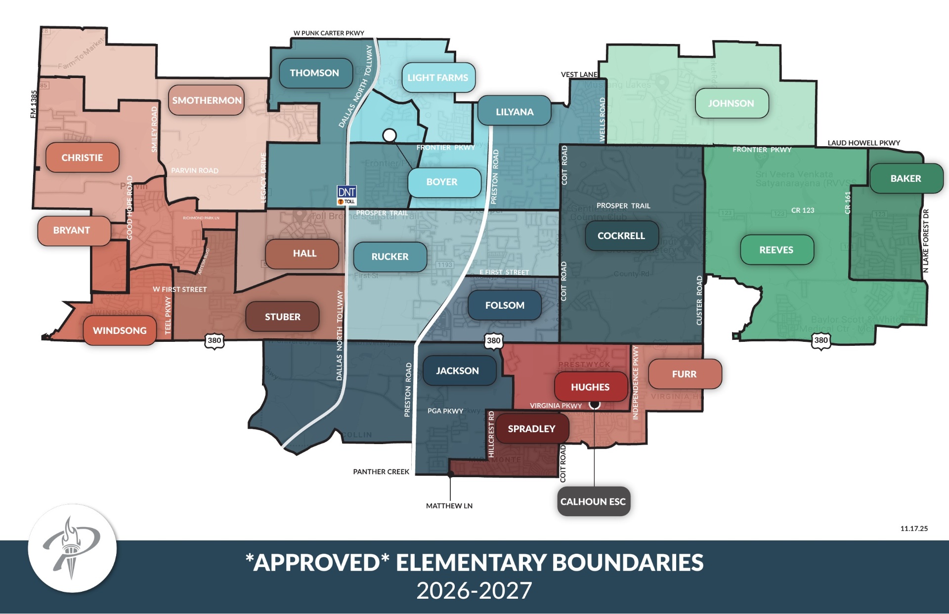 Prosper ISD Approved Elementary School Boundaries 2026-2027 map showing zones for Windsong, Bryant, Stuber, Christie, Smothermon, Thomson, Hall, Rucker, Light Farms, Boyer, Lilyana, Cockrell, Folsom, Johnson, Reeves, Baker, Jackson, Hughes, Spradley, and Furr Elementary
