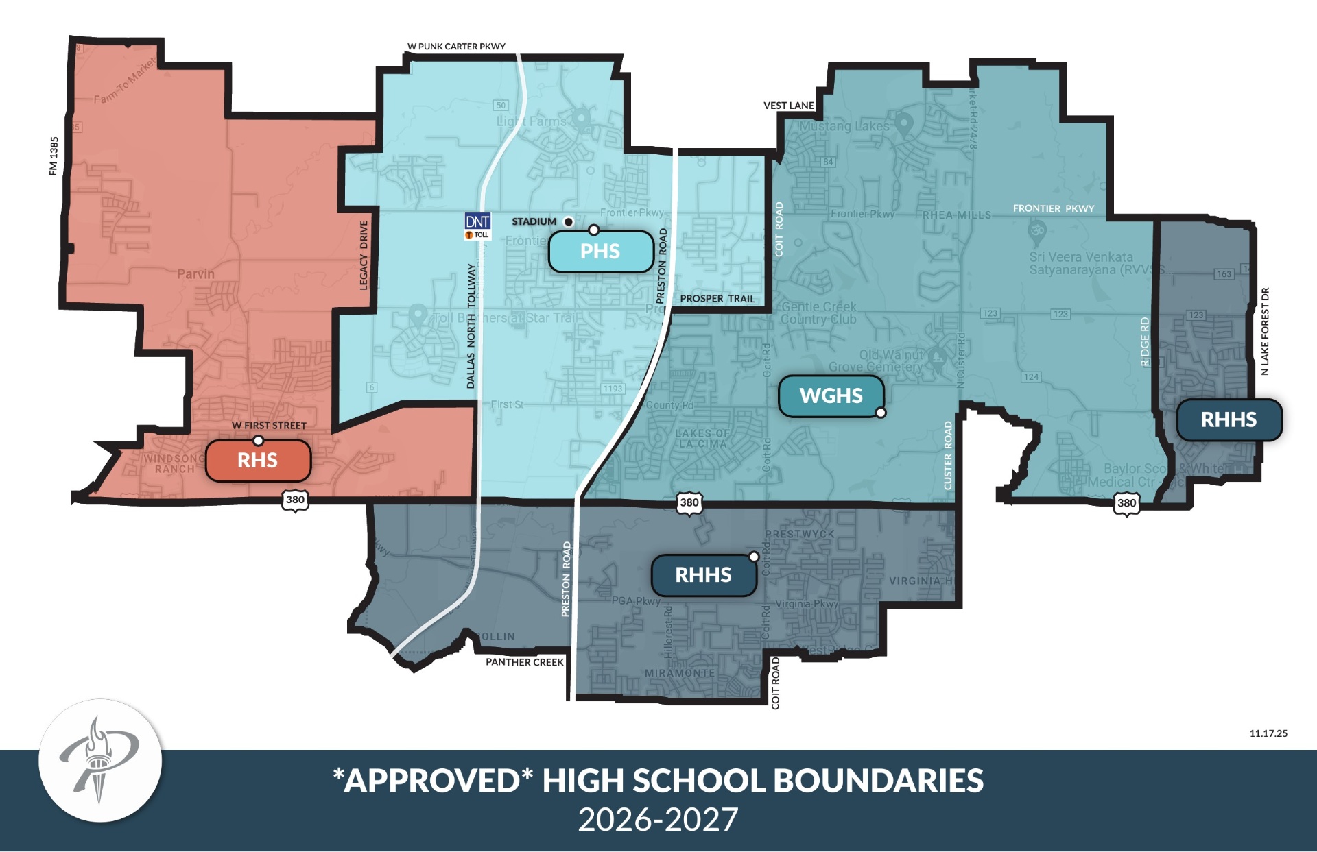 Prosper ISD 2026-2027 approved high school boundary map showing zones for Prosper HS, Rock Hill HS, Walnut Grove HS, and Richland HS