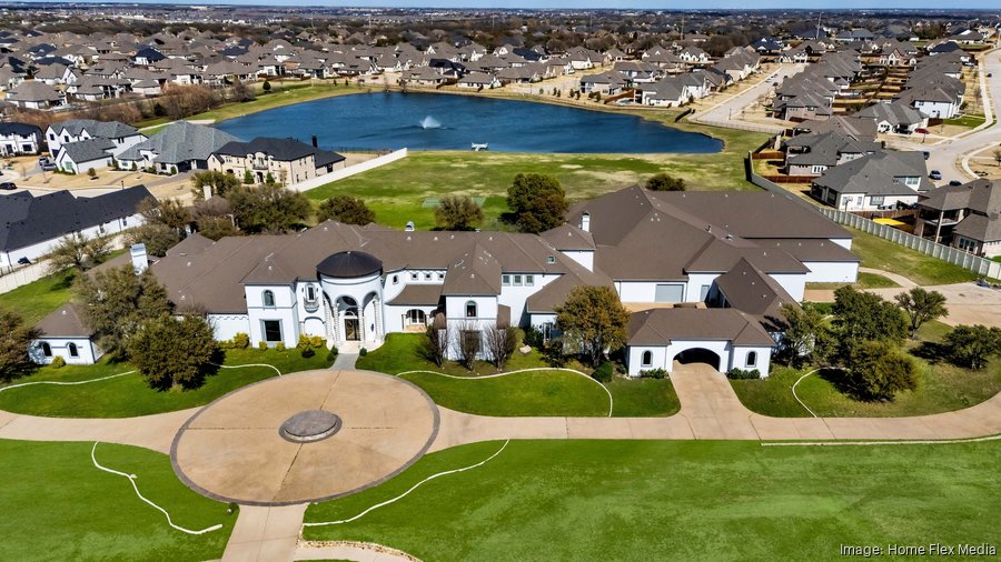 Aerial view of "The Montclair," Deion Sanders' former 29,000-square-foot Prosper, TX mansion at 1400 Copper Point Dr., with its circular drive, pond, and surrounding neighborhood