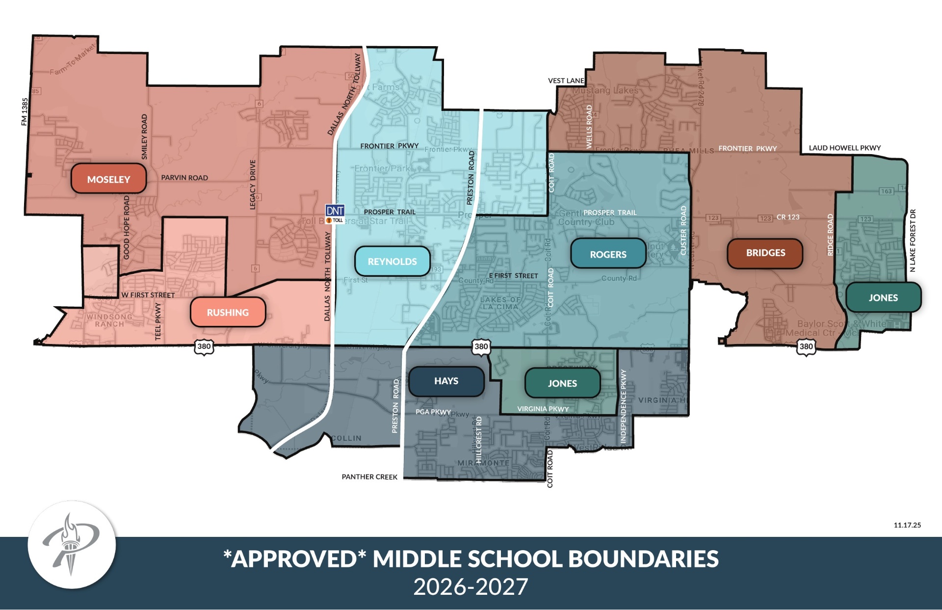 Prosper ISD Approved Middle School Boundaries 2026-2027 map showing zones for Rushing, Reynolds, Rogers, Bridges, Hays, and Jones Middle Schools