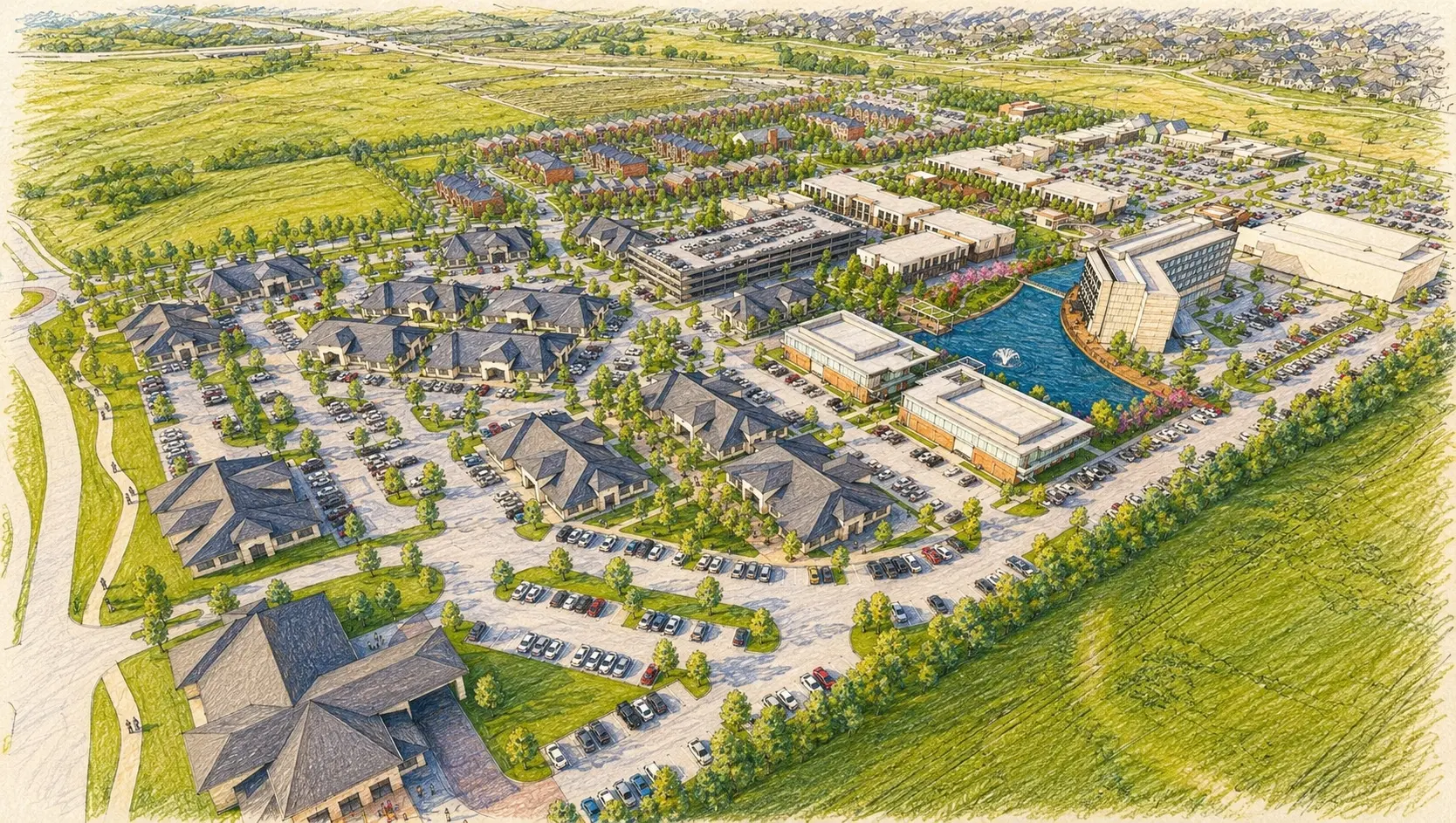 Aerial rendering of Bella Prosper mixed-use town center with retail, office, hotel, and water feature